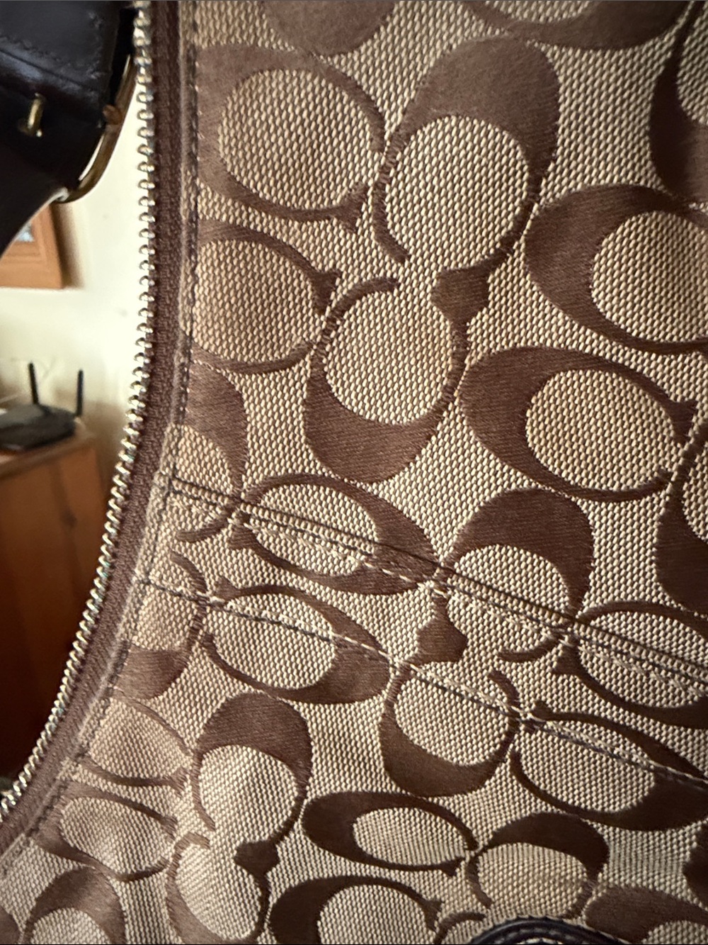 COACH Brown Signature Canvas Tote with Dark Brown Leather Trim - Picture 10 of 11